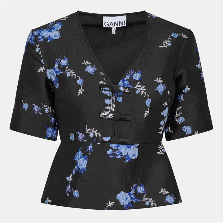 Ganni Women's Black Short Sleeve Blouse - Size 8
