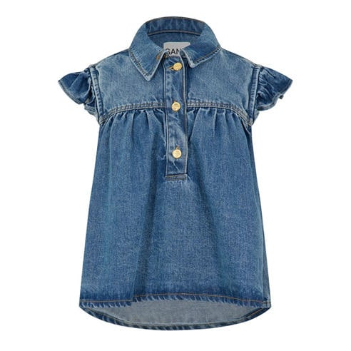 GANNI - Women's Denim Top Short Sleeve Blouse