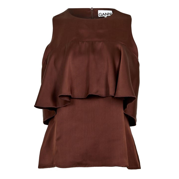 Ganni Women's Brown Satin Ruffle Short Sleeve Blouse - Size 8