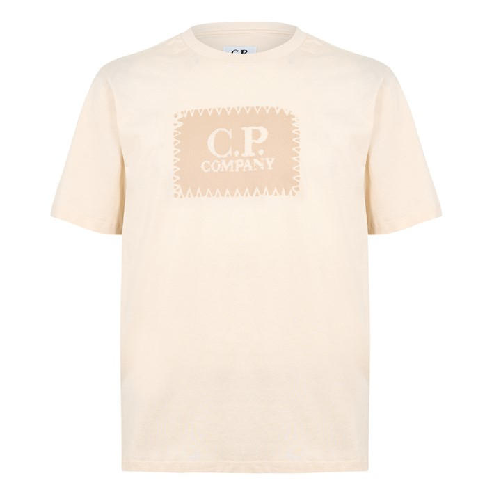 Cp Company Men's Beige Block Logo Cotton Short Sleeve T-Shirt