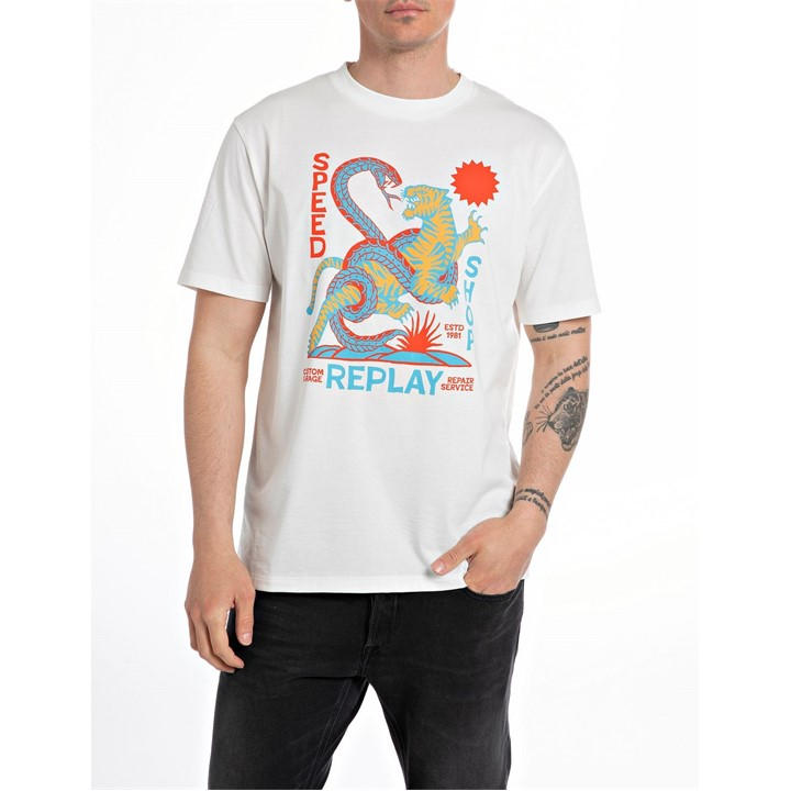 Replay Men’s Tiger Snake Regular Fit T-Shirt – White