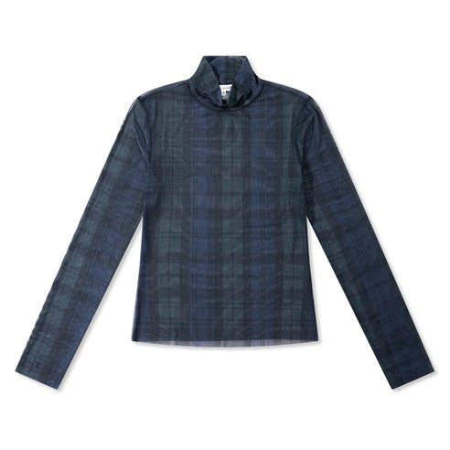 GOOD AMERICAN - Women's Mesh Tartan Turtle-Neck Slim-Fit Long-Sleeve T-Shirt