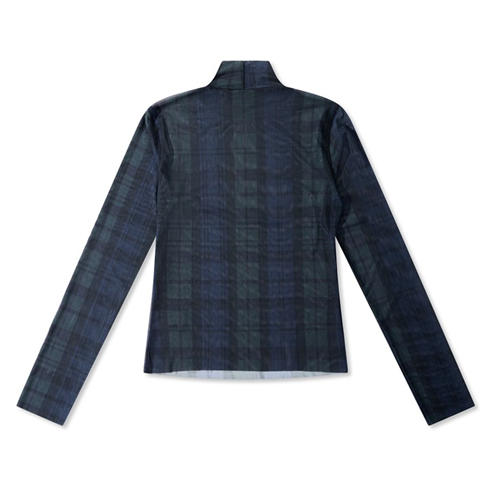 GOOD AMERICAN - Women's Mesh Tartan Turtle-Neck Slim-Fit Long-Sleeve T-Shirt