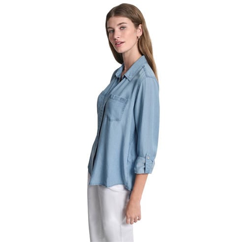 DKNY - DKNY Jeans Split Back Button Front Tencel Shirt W/ Roll Tab Sleeve