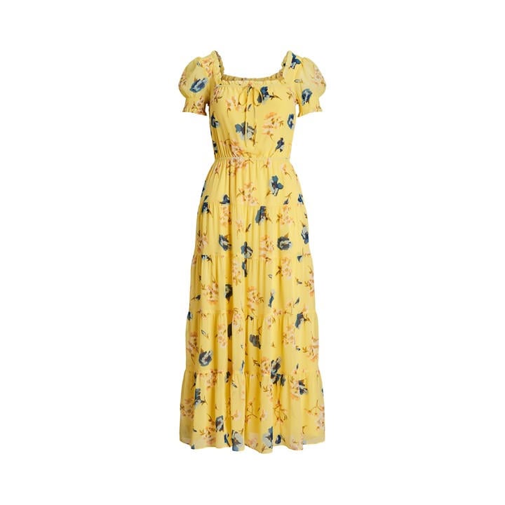 Lauren By Ralph Lauren Women's Yellow Floral Georgette Puff-Sleeve Midi Dress - Size 8