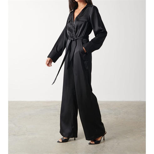 Pretty Lavish - Women's Carmen Collared Satin Long-Sleeve Jumpsuit