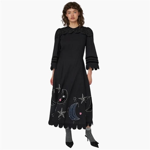 STELLA NOVA - Stella Nova Moon and Star Embroidered Midi Dress - Black