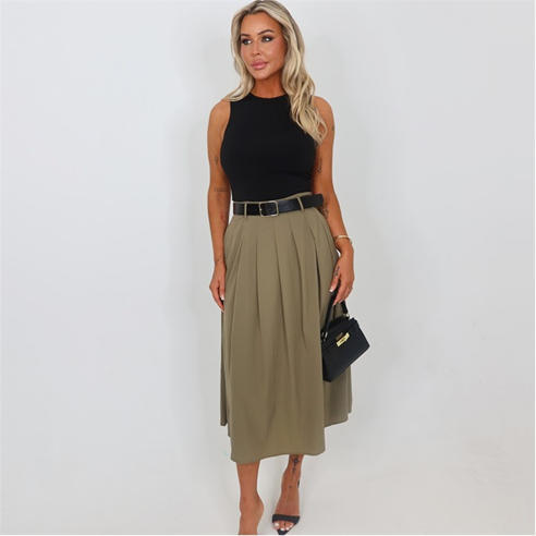 AX Paris - Khaki 2 in 1 Pleated Skirt Belted Midi Dress