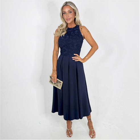 AX Paris - Navy Embroidered Top Overlay A-Line Skirt Midi Dress