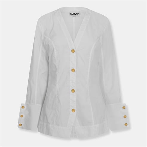 GANNI - Women's Poplin Long Sleeve V-Neck Shirt