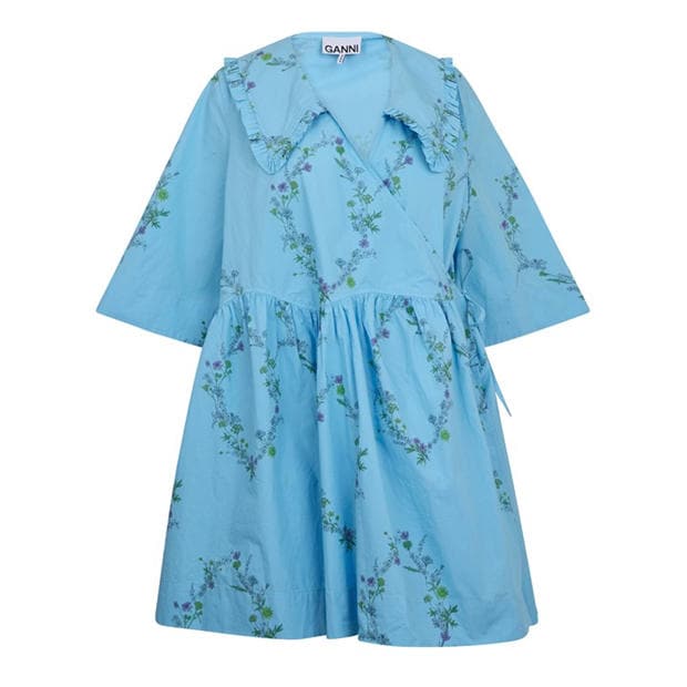 GANNI | Women's Cotton Wrap Dress | Women | Brilliant Blue | Flannels Fashion Ireland GANNI | Women's Cotton Wrap Dress | Women | Brilliant Blue | Flannels Fashion Ireland