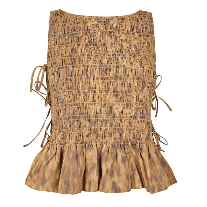 Ganni Women's Brown Patterned Short Sleeve Shirt - Size 12