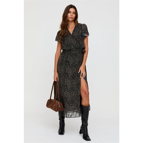 Lily and Lionel - Lily and Lionel Devina Ruffle Detail Zebra Print Maxi Dress In Black