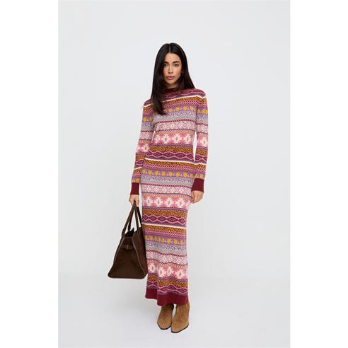 Raffya - Raffya Elvis Longline Folk Jacquard Maxi Dress In Multi