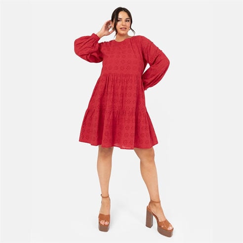 Lovedrobe - Lovedrobe Red Maxi Sleeve Broderie Smock Dress