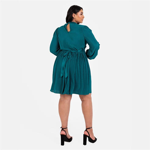 Lovedrobe - Lovedrobe Teal Plisse High Neck Maxi Sleeve Mini Dress