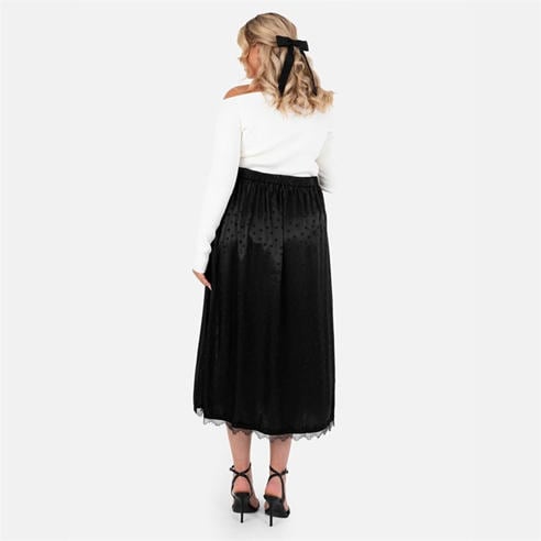 Lovedrobe - Lovedrobe Black Polka Dot Satin Skirt with Lace Trims