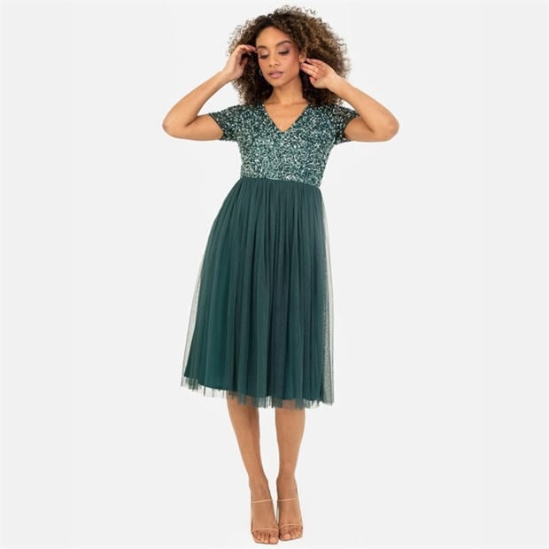 Maya Deluxe Maya V Neckline Embellished Midi Dress