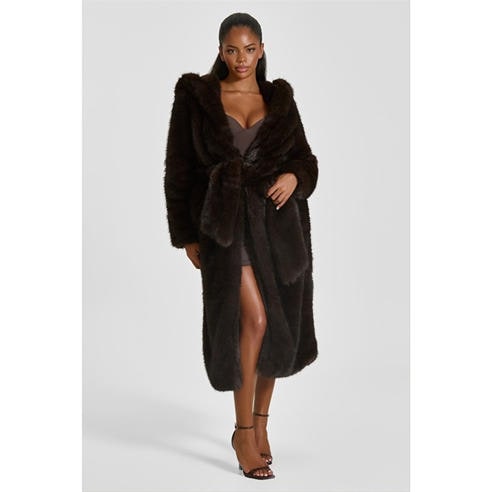 MARS THE LABEL - Women's Maple Faux Fur Hooded Belted Oversized-Fit Teddy Coat