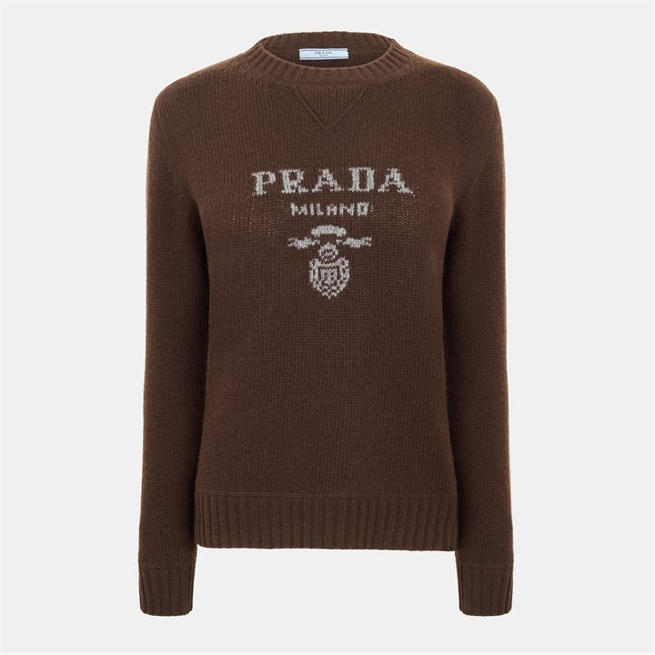Prada Women's Brown Cashmere And Wool Logo Crew-Neck Sweater