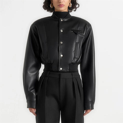MANIERE DE VOIR - Women’s Leather Wide Shoulder Bomber Jacket