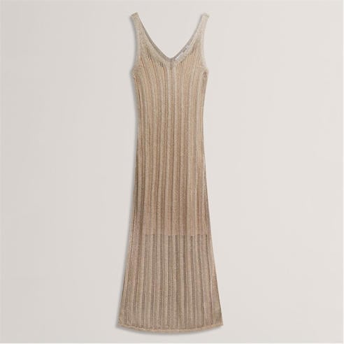 slim fit dress slacks Sahara Gold Metallic Knit Side Splits Maxi Dress main image 1