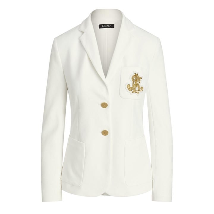 Lauren By Ralph Lauren Women's White Anfisa Cotton Long Sleeve Monogram Blazer - Size 14