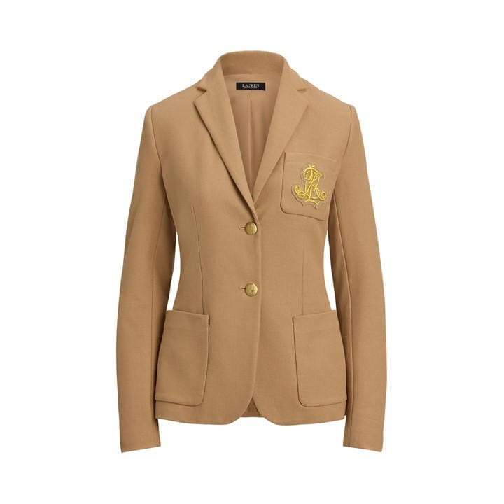 Lauren By Ralph Lauren Women's Beige Anfisa Cotton Long Sleeve Monogram Blazer - Size 14