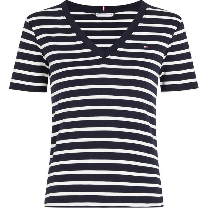 Tommy Hilfiger Women's Blue V-Neck Striped T-Shirt