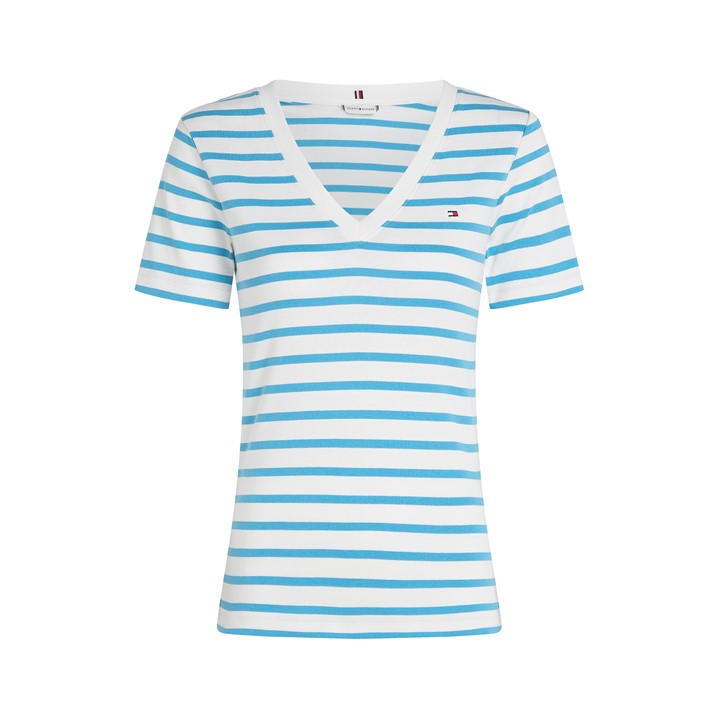 Tommy Hilfiger Women's Blue V-Neck Striped T-Shirt