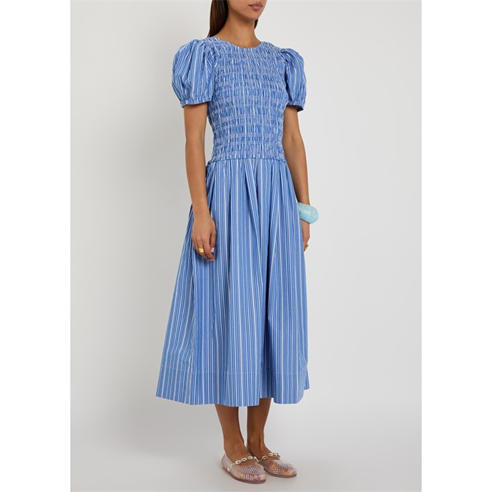 Ganni - Women's Striped Cotton Puff-Sleeve Midi Dress