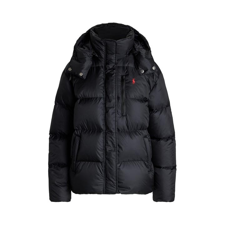 Polo Ralph Lauren Women's Black Carly Water-Repellent Quilted Duck Down Wind Resistant Detachable Hood Short Puffer Jacket - Size 14
