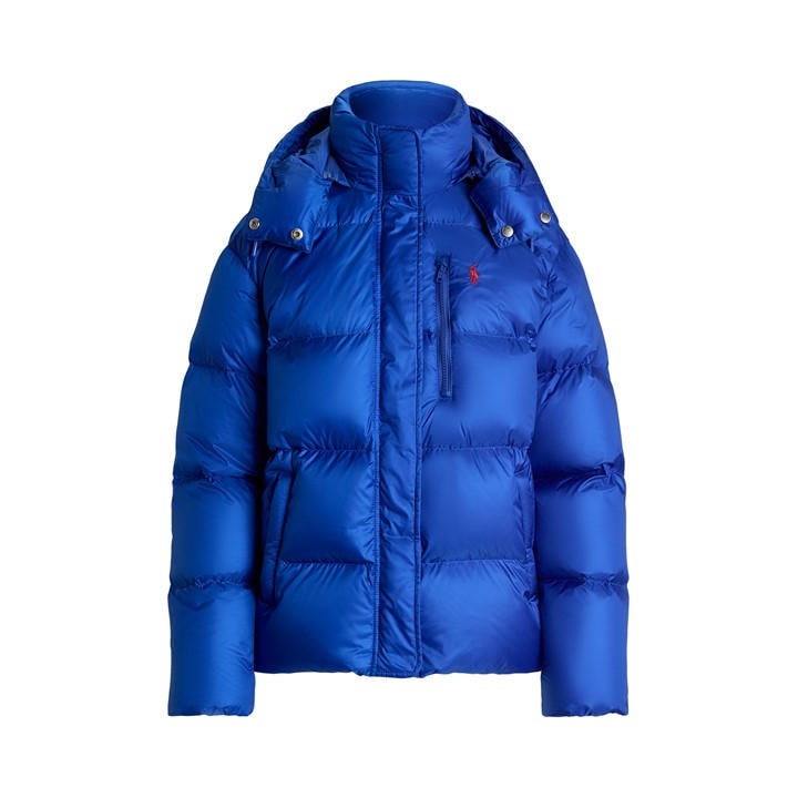 Polo Ralph Lauren Women's Blue Carly Water-Repellent Quilted Duck Down Wind Resistant Detachable Hood Short Puffer Jacket - Size 14