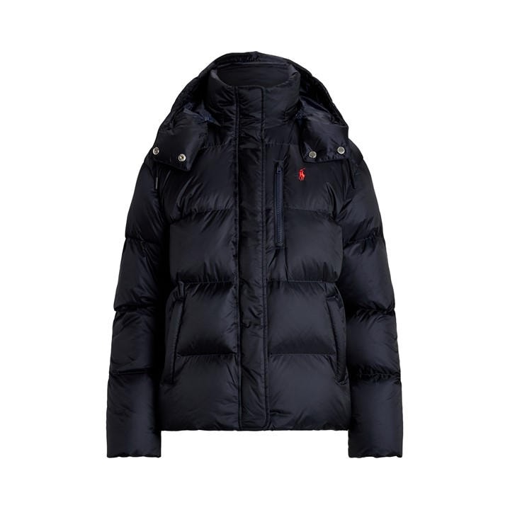 Polo Ralph Lauren Women's Blue Carly Water-Repellent Quilted Duck Down Wind Resistant Detachable Hood Short Puffer Jacket - Size 16