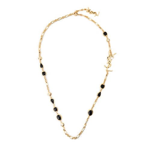 SAINT LAURENT - Women's Logo Bead Onyx Gold Chain Necklace