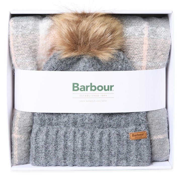 Barbour Women's Grey Saltburn Beanie & Tartan Scarf Gift Set