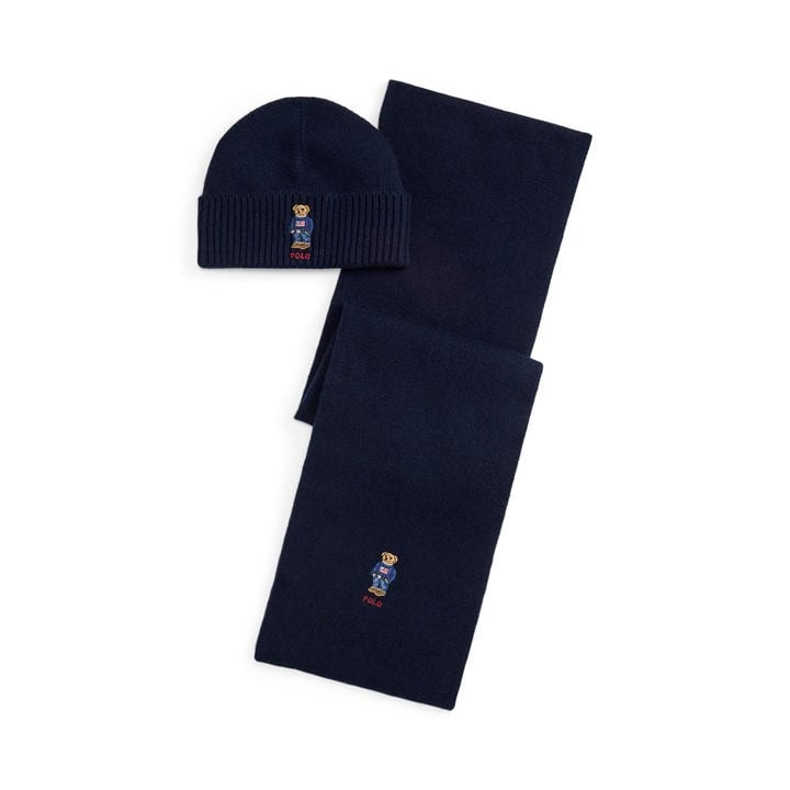 Polo Ralph Lauren Men's Blue Wool Blend Bear Scarf And Beanie Gift Box Winter Set