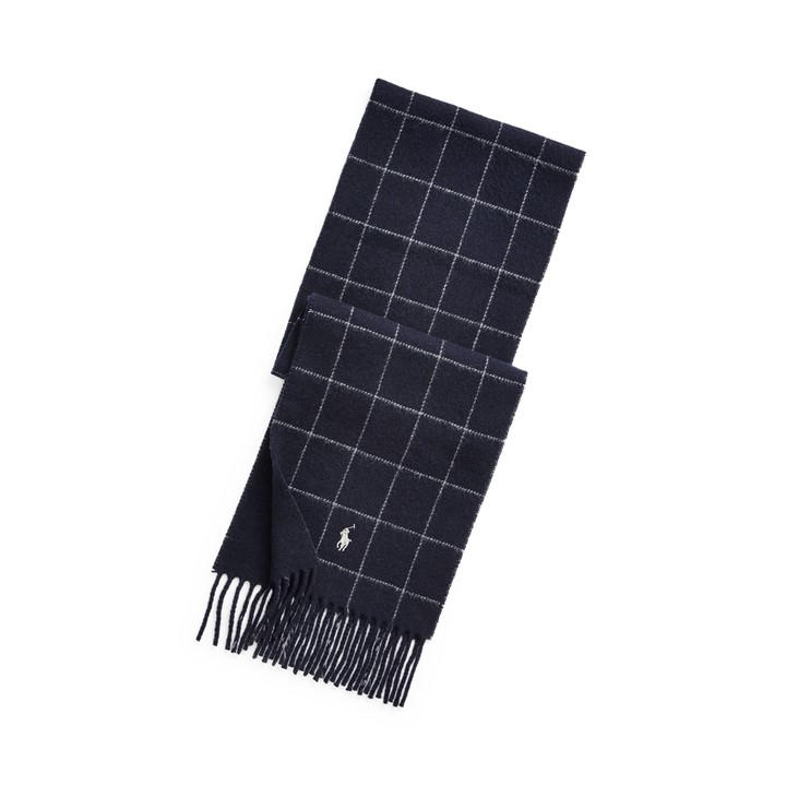 Polo Ralph Lauren  Blue Windowpane Plaid Wool Blend Scarf